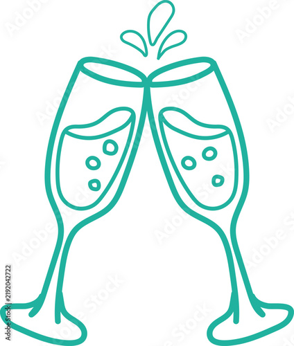 Champagne toast doodle icon of two clinking flutes celebration drink outline drawing
