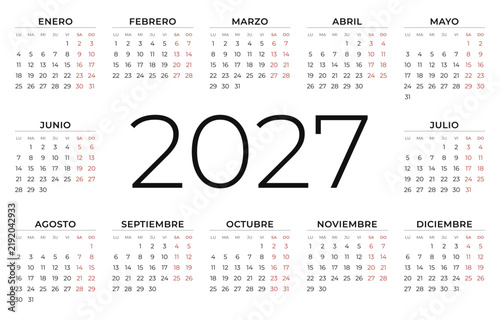 Spanish calendar 2027 for Spain, yearly planner and centered year