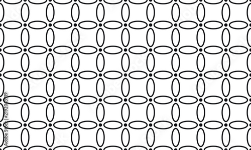 Minimalist seamless pattern with black oval shapes and small dots arranged in a grid on a white background, for a clean appearance