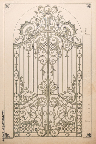 Detail of a drawing of a metal decorative gate.