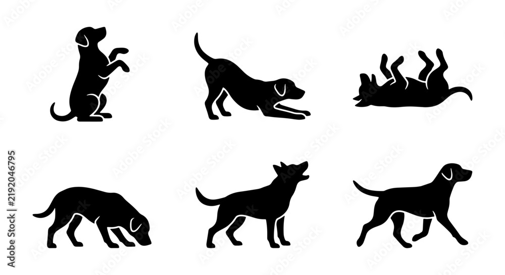 Obraz premium Dog Silhouettes Vector Set, Playful Canine Poses, Black Animal Icons for Pet Graphics