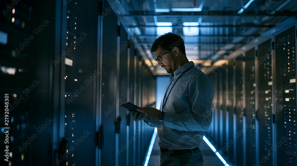 Fototapeta premium Data Center Technician Checking Server Racks With A Tablet, Blue Ambient Lighting, Blue Hour Twilight Glow, Wide-Angle 24mm Lens, Expansive View, Cool Muted Blue-Gray Palette, Photorealistic