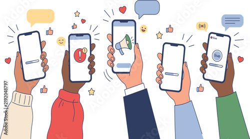 Diverse group of people holding smartphones together in a circle with screens facing upwards