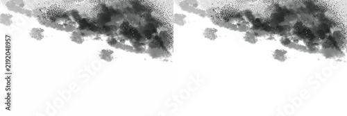A split black-and-white visual showing a textured, cloud- or smoke-like pattern across the upper half of the image. The left side features a white background with dark, speckled textures,