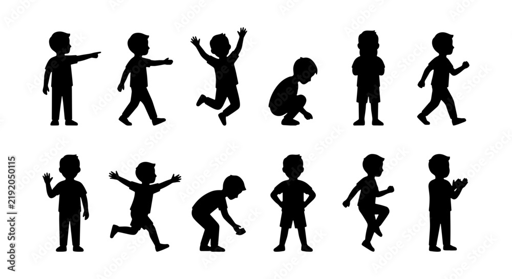 Obraz premium Children Silhouettes, Kids Actions Collection, Playful Poses Vector Set, Childhood Fun