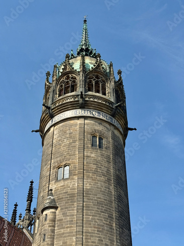 The tower of Castle Lutheran Church in Wittenberg, Germany