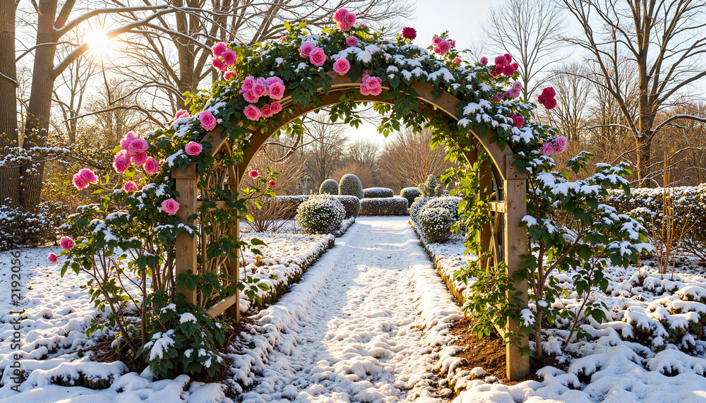 Fototapeta premium Snow-dusted rose bushes under wooden archway, winter garden prep