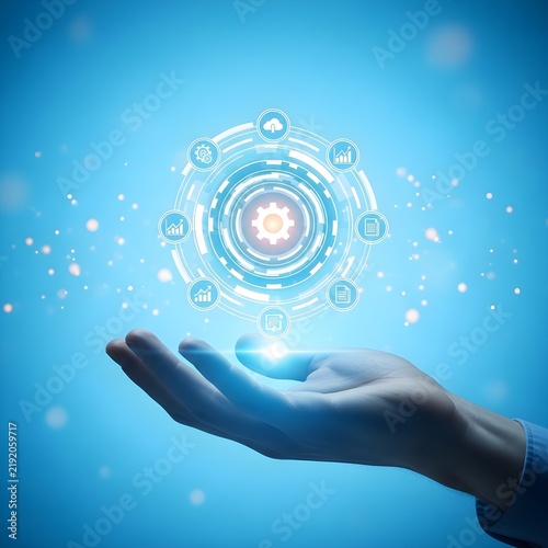 Hand holding futuristic holographic brain network with glowing digital connections on blue tech background