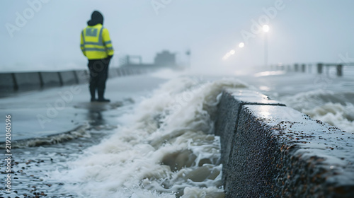 Storm Waves Overtopping Coastal Defense Barrier During High Tide