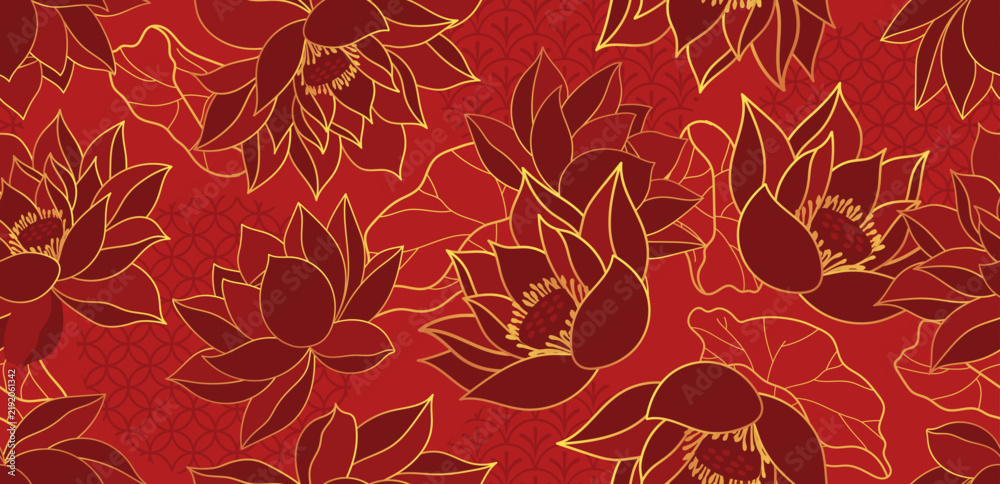 Obraz premium Seamless pattern with gold lotus flowers in line art style on a red background. Traditional Asian design for luxury packaging, textile and Chinese New Year decor, vector illustration.
