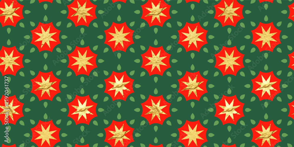 Obraz premium Seamless geometric pattern with red shapes and gold foil stars on a green background. Festive design for Christmas wrapping paper and holiday textile, vector illustration.