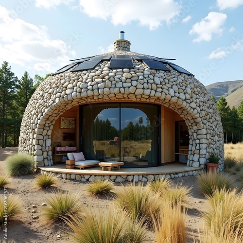 A modern earthship home made with recycled materials and solar panels.