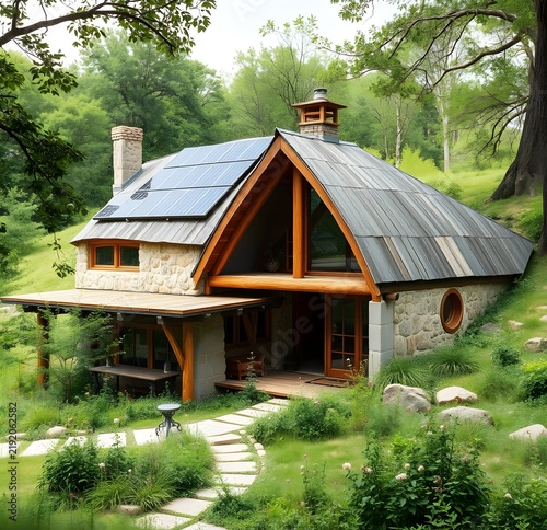 A modern earthship home made with recycled materials and solar panels.