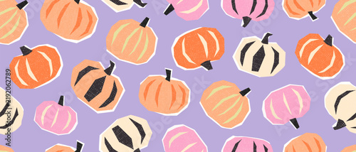 Seamless pattern with pumpkins in paper-cut style with grainy texture. Cute design for autumn scrapbooking, Halloween wrapping paper and holiday textile, vector illustration.