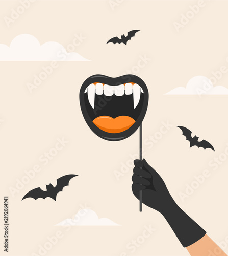 Female hand in black glove holding Halloween vampire mouth mask with flying bats on background, flat vector illustration