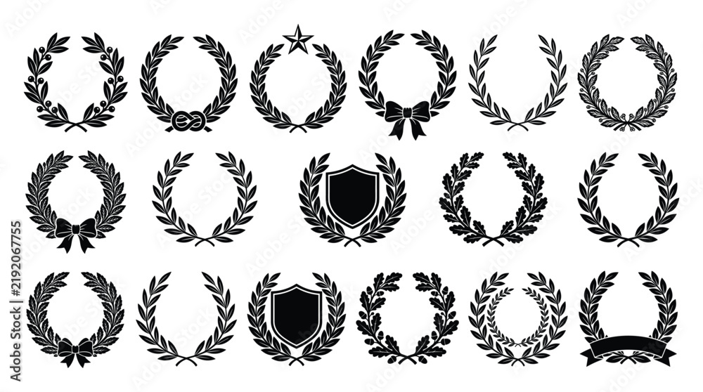 Fototapeta premium Collection of Laurels and Shields: A versatile graphic resource featuring an assortment of laurel wreaths and shield emblems, perfect for design projects related to achievement, recognition.