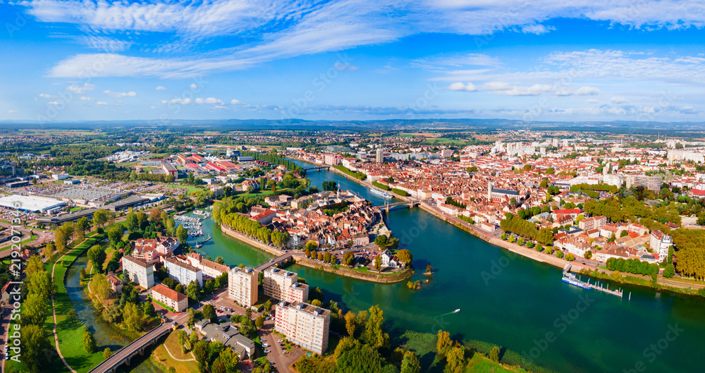 Fototapeta premium Aerial view of old town and river in Chalon sur Saone city, France