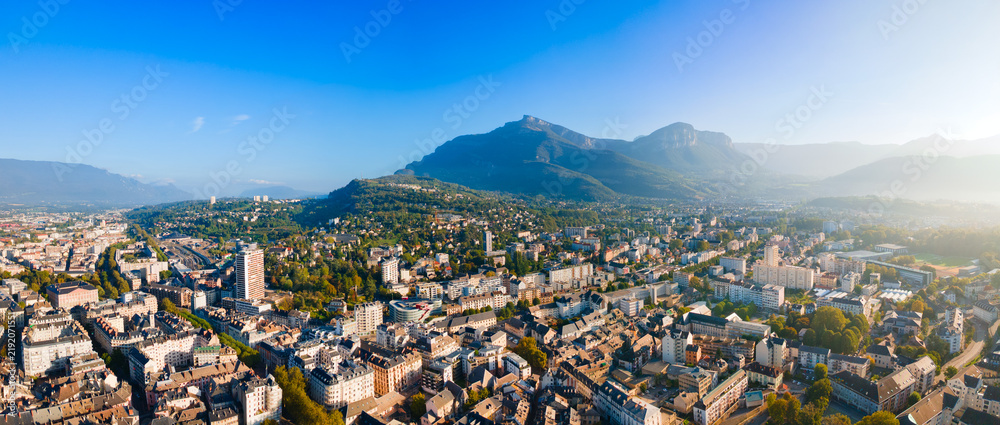 Fototapeta premium Panoramic aerial view Chambery city, Nivolet mountain in Savoie France