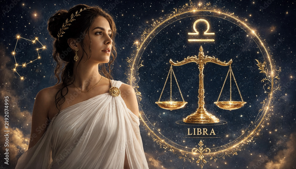Fototapeta premium Libra zodiac sign concept with celestial goddess woman and golden scales in starry sky. Concept of astrology, horoscope, constellation, justice.