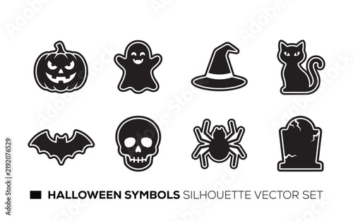 Helloween symbols silhouette vector set featuring pumpkin ghost and witch hat.
