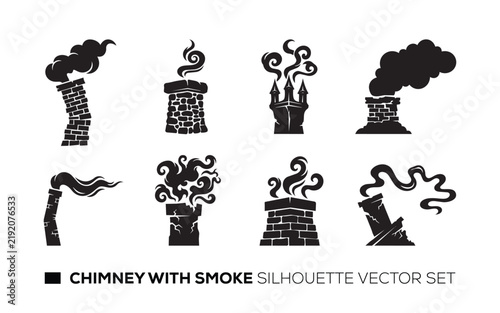 Black chimney with smoke silhouette vector set for architectural design layout.