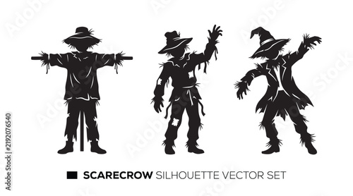 Scarecrow silhouette vector set with varied poses for autumn and harvest displays.