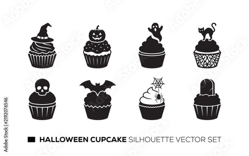 Halloween cupcake silhouettes collection with spooky elements for festive designs.