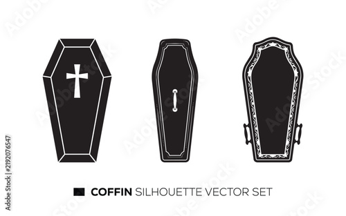 Coffin silhouettes for Helloween vector set featuring funeral box design symbols.