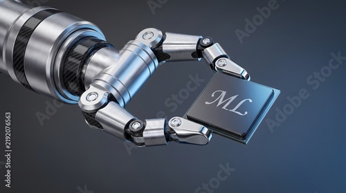 Naklejka Metallic robotic hand holding a modern computer processor chip marked with machine learning text icon lettering