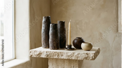 Minimal sculptural still life with tall irregular dark-brown ceramic vases, cream candle and small rounded vessels on a pale stone pedestal, soft beige interior background, warm editorial product