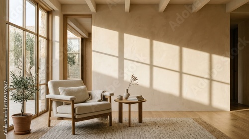 Modern lounge chair in a serene sunlit beige interior, minimalist architectural photography, strong rectangular window shadows across warm plaster walls, natural wood and cream upholstery, quiet