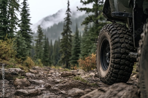 All terrain vehicle tire on rugged rocky trail in mountain forest landscape
