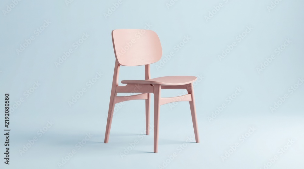Fototapeta premium Pink wooden chair isolated in a softly lit pastel studio, minimalist 3D product render, blush-pink seat and legs, pale blue floor and background, subtle realistic shadows, contemporary furniture