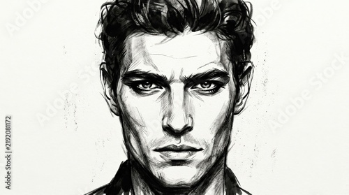 Intense black-and-white male portrait with sharply defined eyes, dark hair and angular facial planes, expressive charcoal and ink illustration, high contrast on white background, editorial fashion