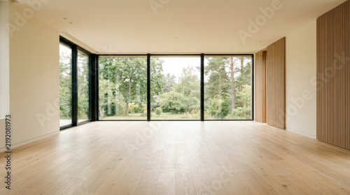 Empty minimalist room with pale timber floor and large windows, premium architectural interior photography, warm natural daylight, wood wall details, cream surfaces, spacious negative space, calm