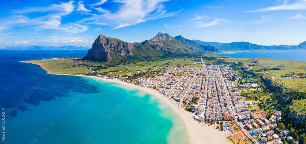 Naklejka premium San Vito Lo Capo beach aerial panoramic view