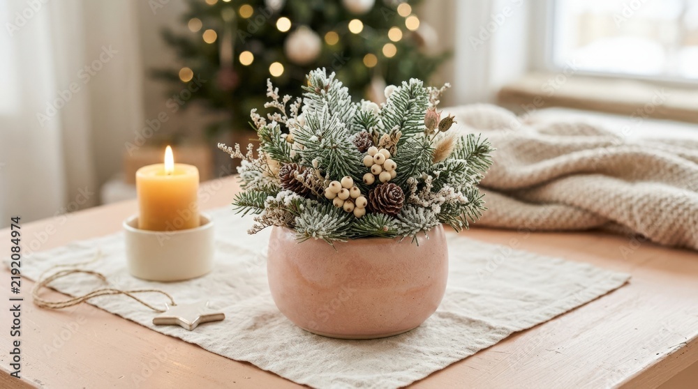 Fototapeta premium Round blush ceramic planter with a miniature evergreen arrangement, cozy minimalist holiday still life, soft peach and pale cream surface, small frosted foliage emerging from the pot, clean studio