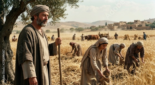 Man standing by olive tree watching women glean wheat in field. Biblical story of Ruth and Boaz during harvest. Historical agricultural landscape