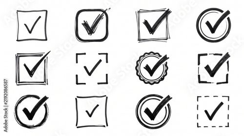 Set of twelve hand drawn check mark icons with various frames and borders for business and website design