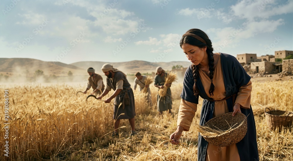 Obraz premium Biblical woman gathering leftover barley in a golden field. Ruth gleaning wheat behind harvesters in ancient Israel. Old Testament story concept
