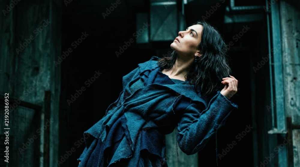 Fototapeta premium Moody portrait of a dark-haired woman in a textured blue outfit looking upward, cinematic fashion photography, teal, black and cool cyan palette, dramatic side lighting, deep shadows, expressive
