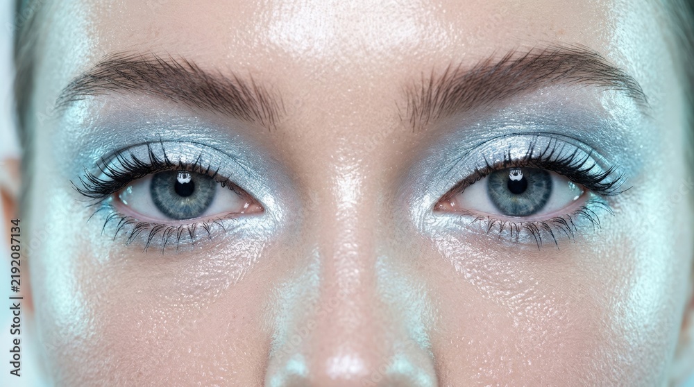 Fototapeta premium Extreme close-up of eyes with frosty pale-blue eye shadow and glossy skin, beauty photography, cool cyan and pearl tones, frontal crop, soft diffused light and futuristic cosmetics editorial