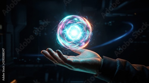 Luminous iridescent orb hovering just above an outstretched hand in darkness, futuristic AI and innovation concept, premium cinematic CGI, electric white core with cyan and warm orange rim light, deep