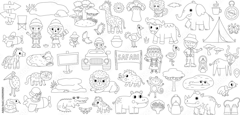 Fototapeta premium Safari black and white animals set for kids. Vector African line birds, trees, plant collection. Cartoon savanna pack. Cute lion, elephant, zebra, giraffe clipart. Savannah wildlife coloring page