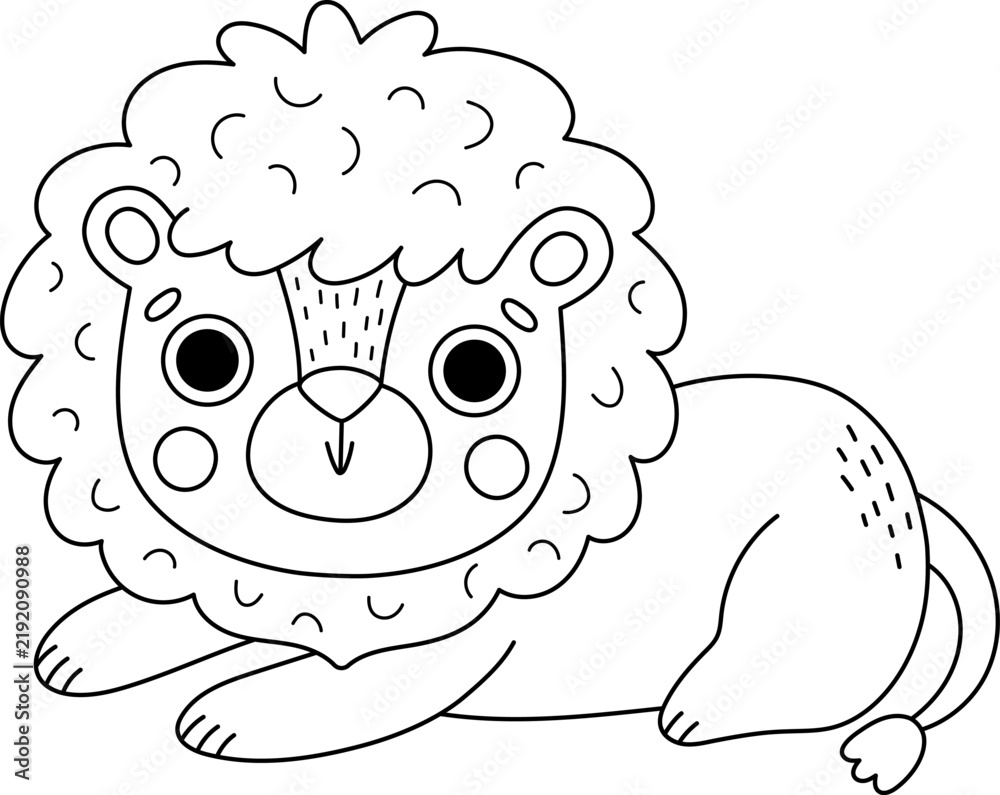 Obraz premium Vector cartoon black and white lion. Funny African or safari animal clipart. Cute savannah icon for kids. Line savanna element. Africa wildlife illustration, coloring page