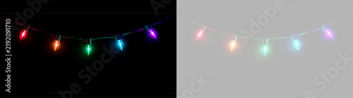 Close-up of a horizontal string of colorful glowing Christmas garland lights. Hanging multi-colored illuminated bulbs on black and transparent backgrounds. Festive holiday decoration design element.