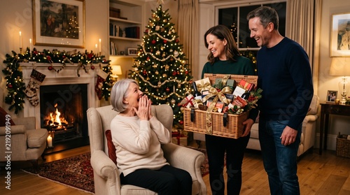 Family surprises overjoyed grandmother with a festive Christmas gift hamper in a warmly decorated living room