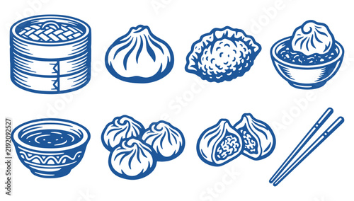 Set of Traditional Chinese Dumpling Icons Featuring Steamer Basket Bowl and Chopsticks Vector Illustration