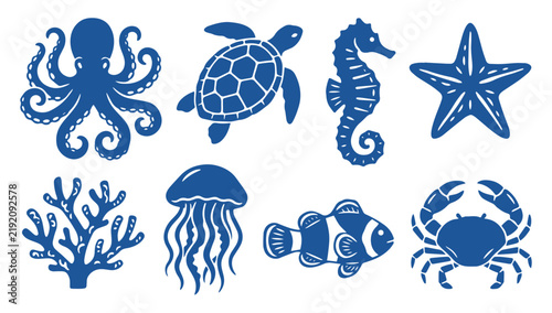 Set of hand drawn blue sea animals and marine life vector icons