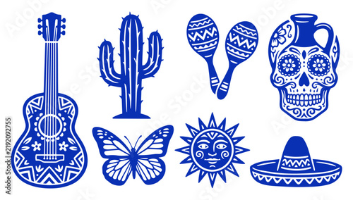 Mexican culture themed graphic set featuring guitar skull cactus maracas and traditional symbols
